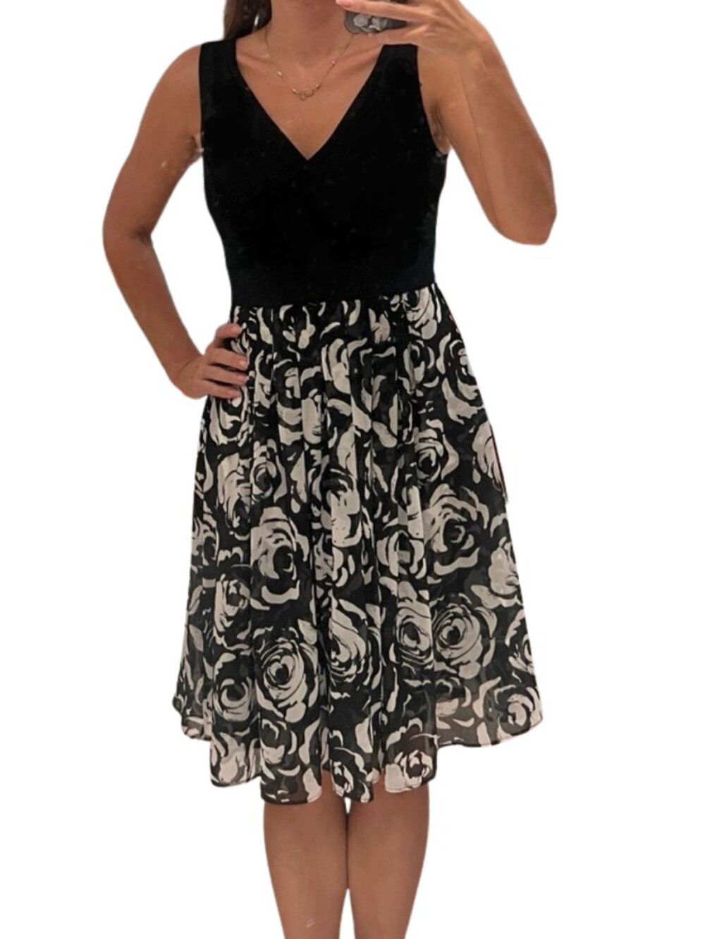 White House Black Market Black White Floral Fit & Flare Dress Size 6